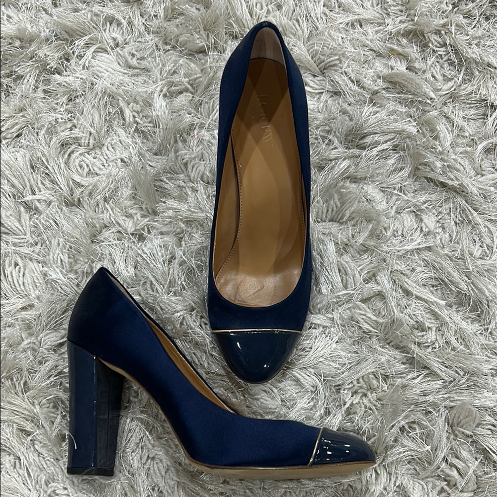 J. Crew Navy Blue Block Heel Pumps with Gold Cap Toe